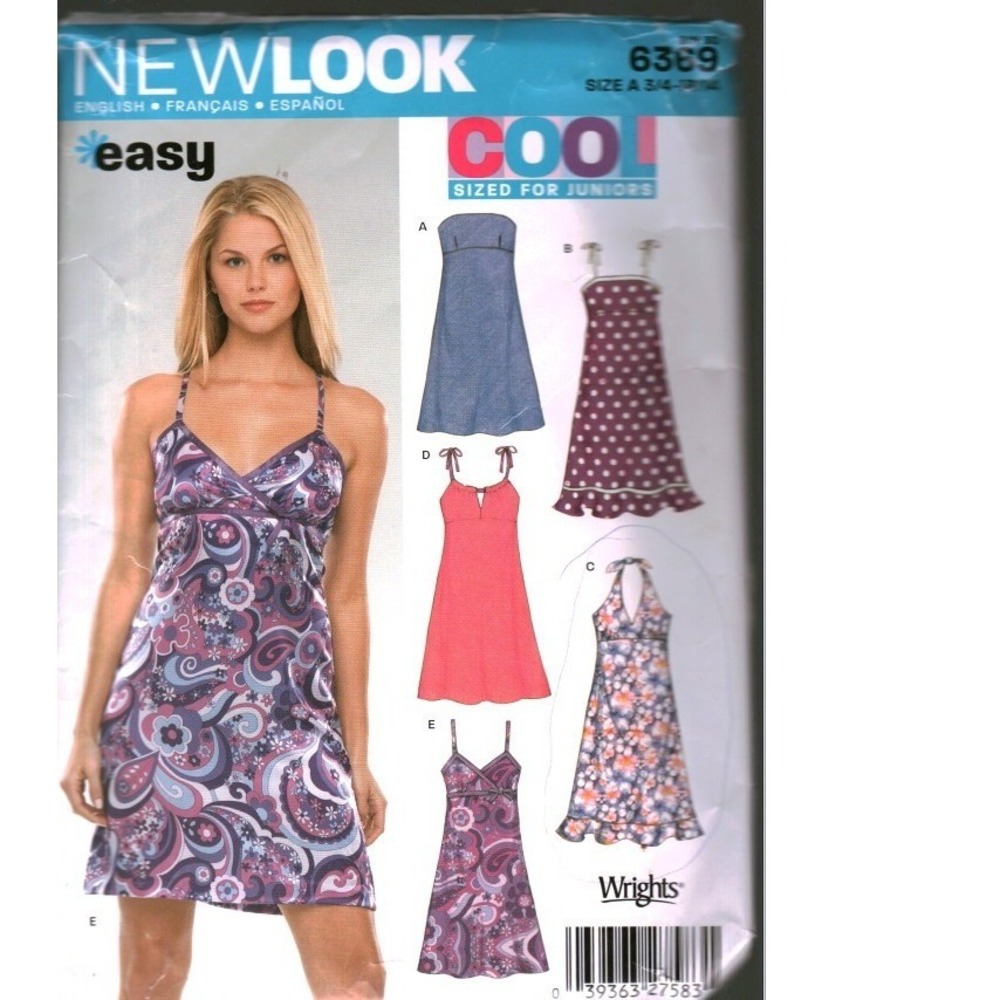 New Look 6369 Sewing Pattern Junior Sundress Halter Strapless V-Neck 3/4-13/14